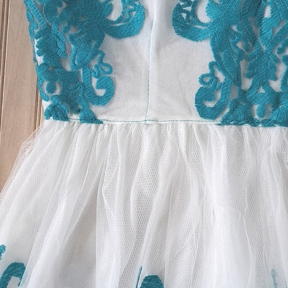 Formal Elegant Teal White Embroidered Tulla Lace Festive Mid Length Dress. - Picture 8 of 9